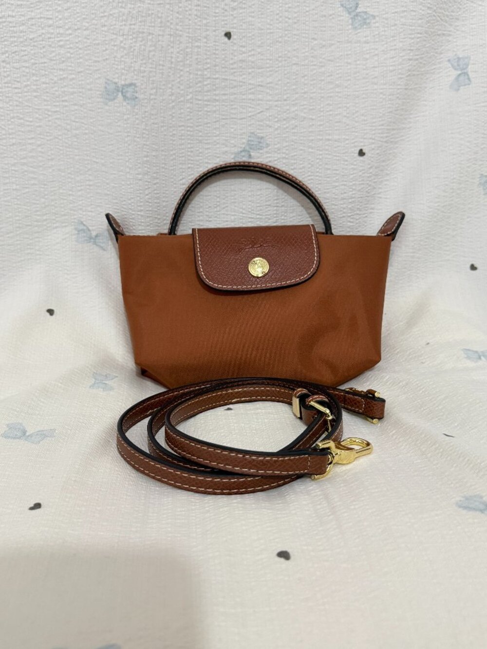 rown Longchamp Mini Le Pliage Handbag with Detachable Strap